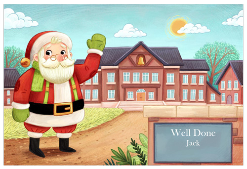 Well done at School Postcard - Outside 2022 - Personalised Santa Letter Background