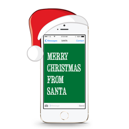 A mobile phone with a red Santa hat on showing an idea for the text message from Santa