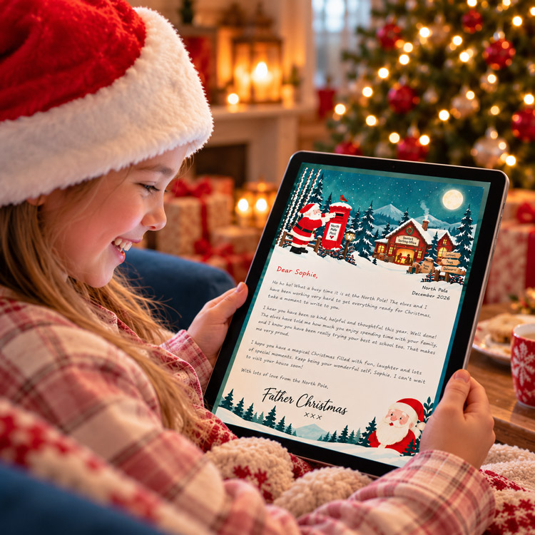 A child reading a personalised digital letter from Father Christmas on a tablet