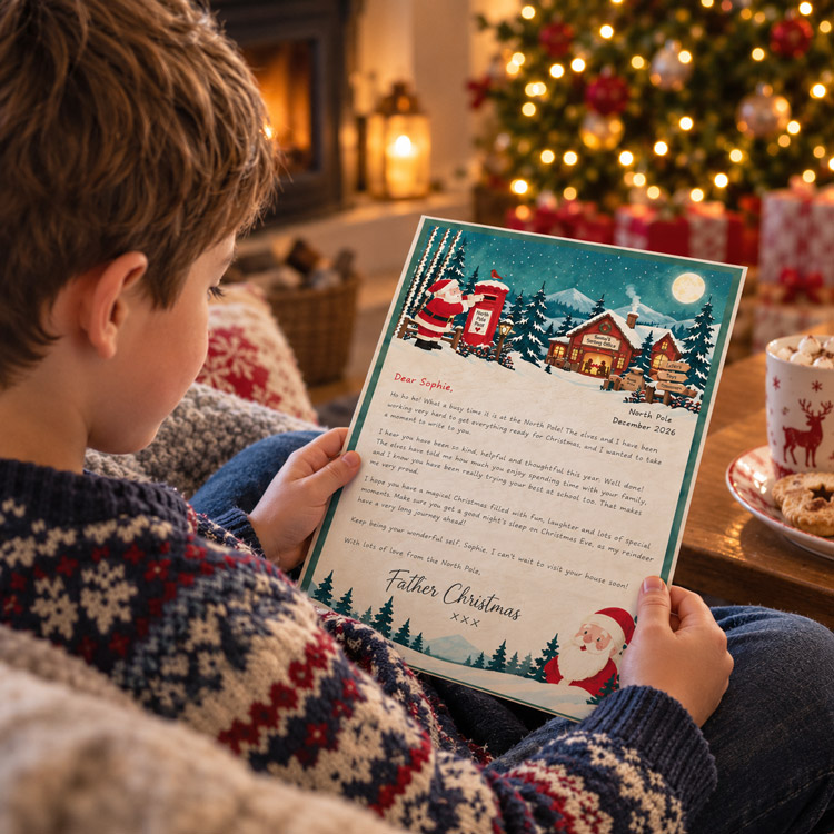A boy reading a magical personalised Christmas letter from Father Christmas